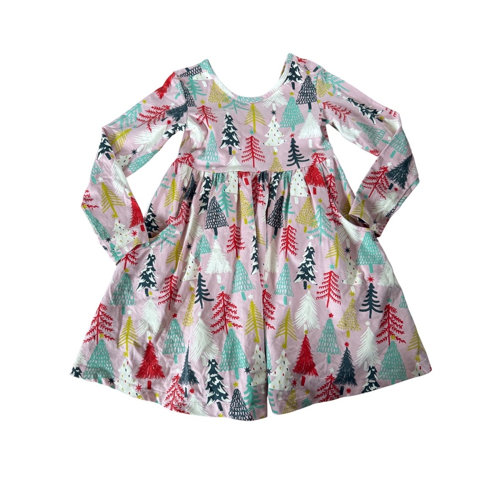 Hanna Andersson pink colorful holiday‎ tree print dress